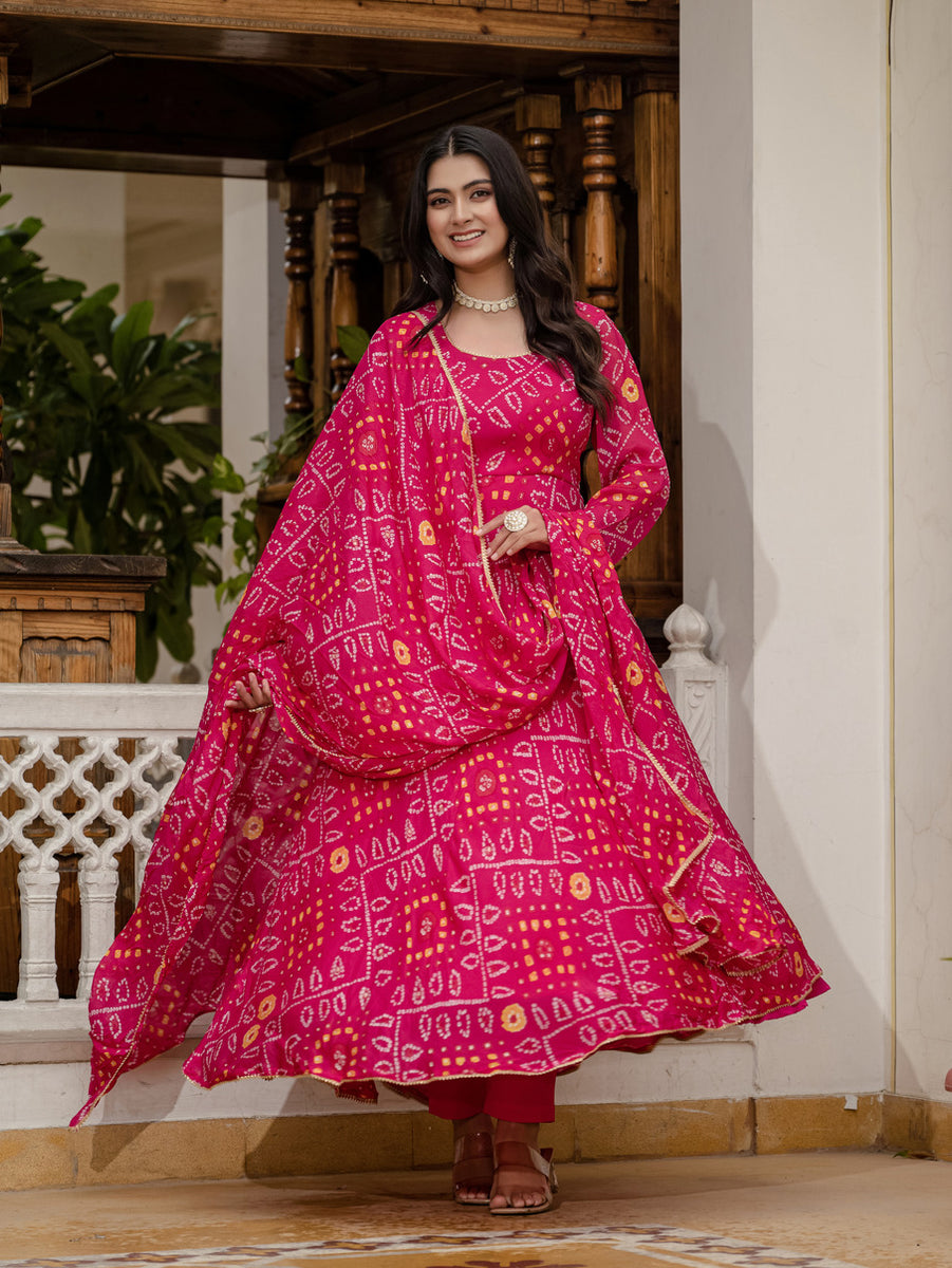 bandhani dress design Hot Pink Print Flared Dupatta Set – Surtisilk Bandhej Package:Clothing (free skirt support) How To Dress For DESIGNER DRESS bridesmaids dresses