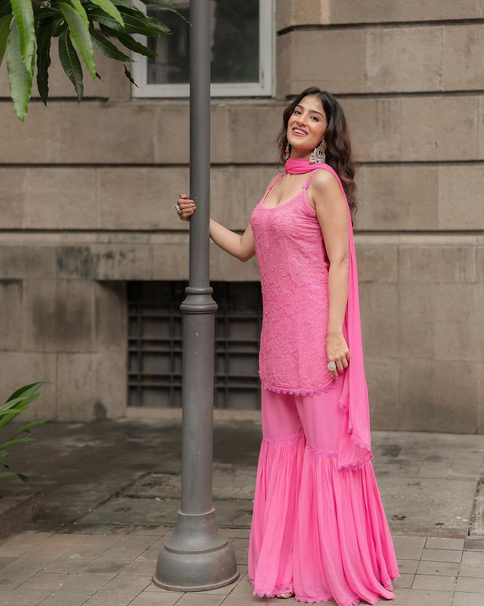 Pink Strappy Viscose Georgette Chikankari Kurta Palazzo Dupatta Set