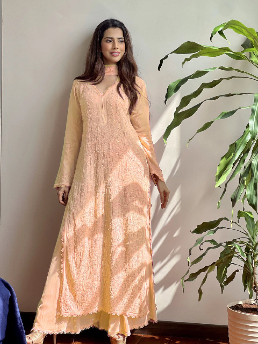 Georgette Chikankari Beige Kurta