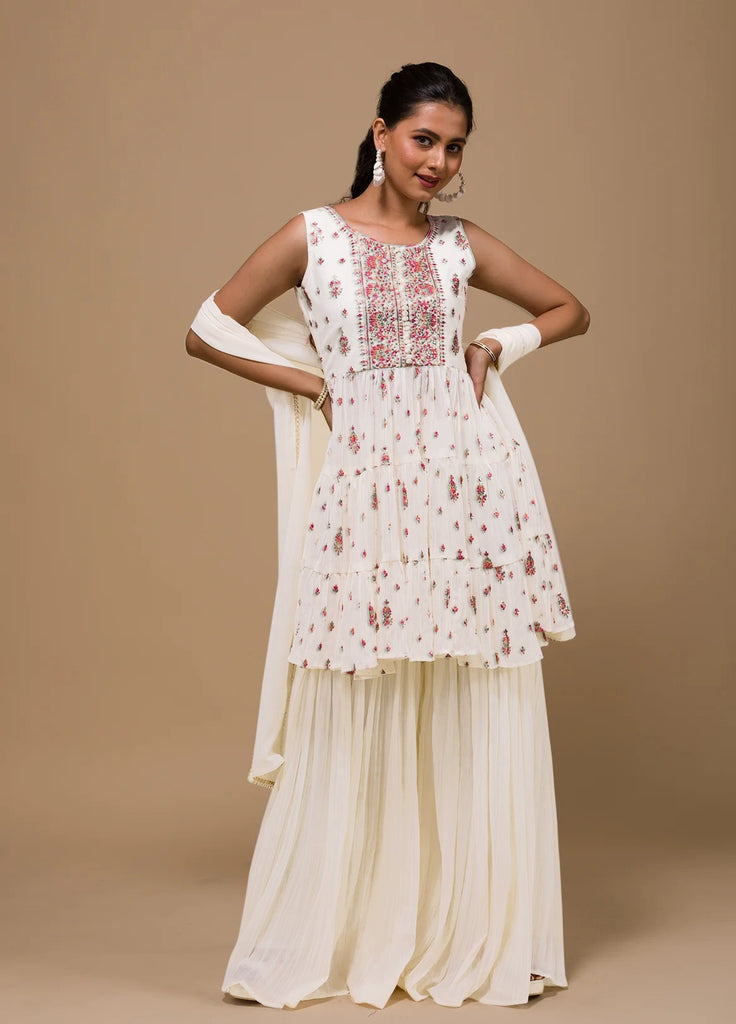 White Faux Georgette Embroidered Sharara Suit With Dupatta