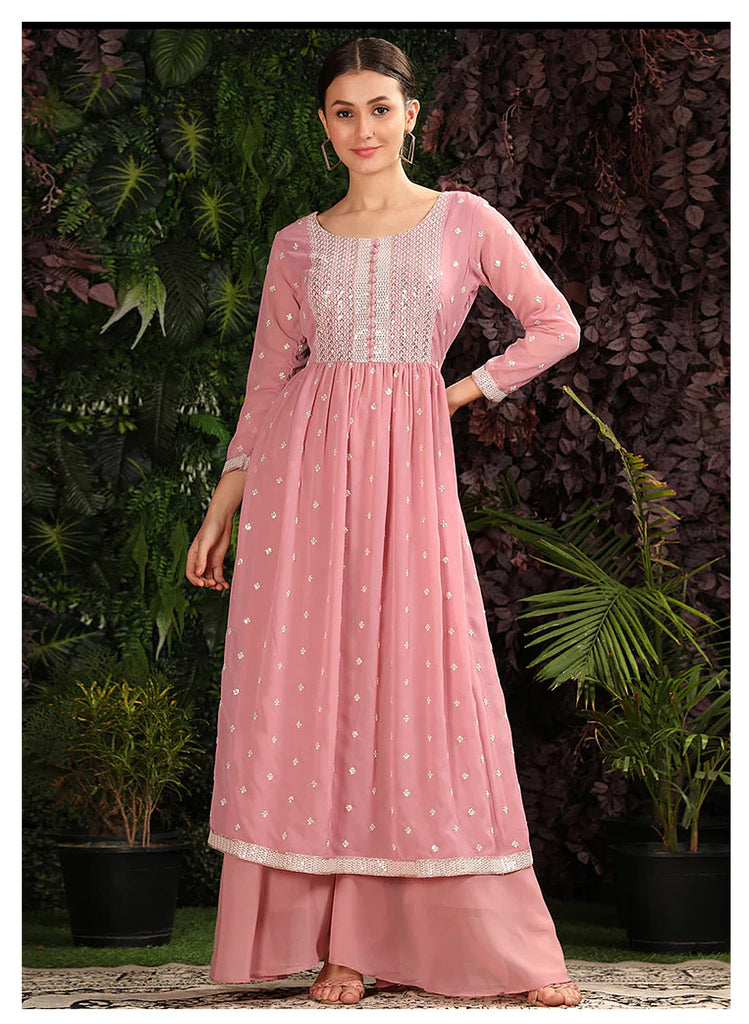 Light Pink Faux Georgette Embroidered Top Bottom With Dupatta