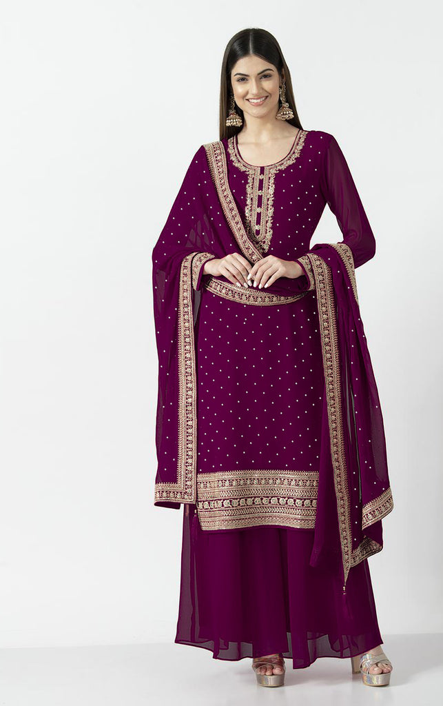 Wine Faux Georgette Embroidered Top Bottom With Dupatta