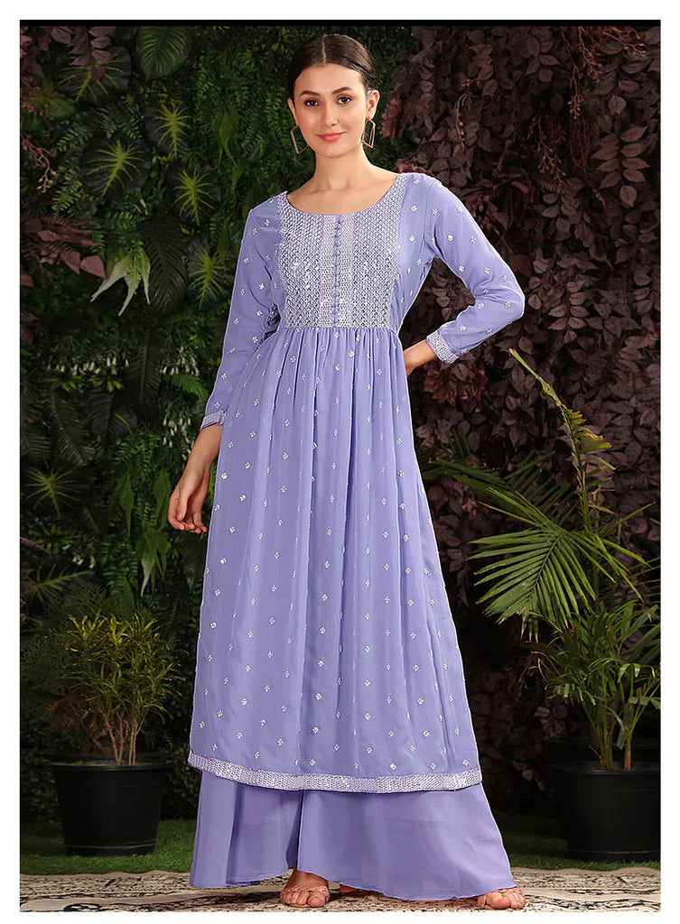 Lavender Faux Georgette Embroidered Top Bottom With Dupatta