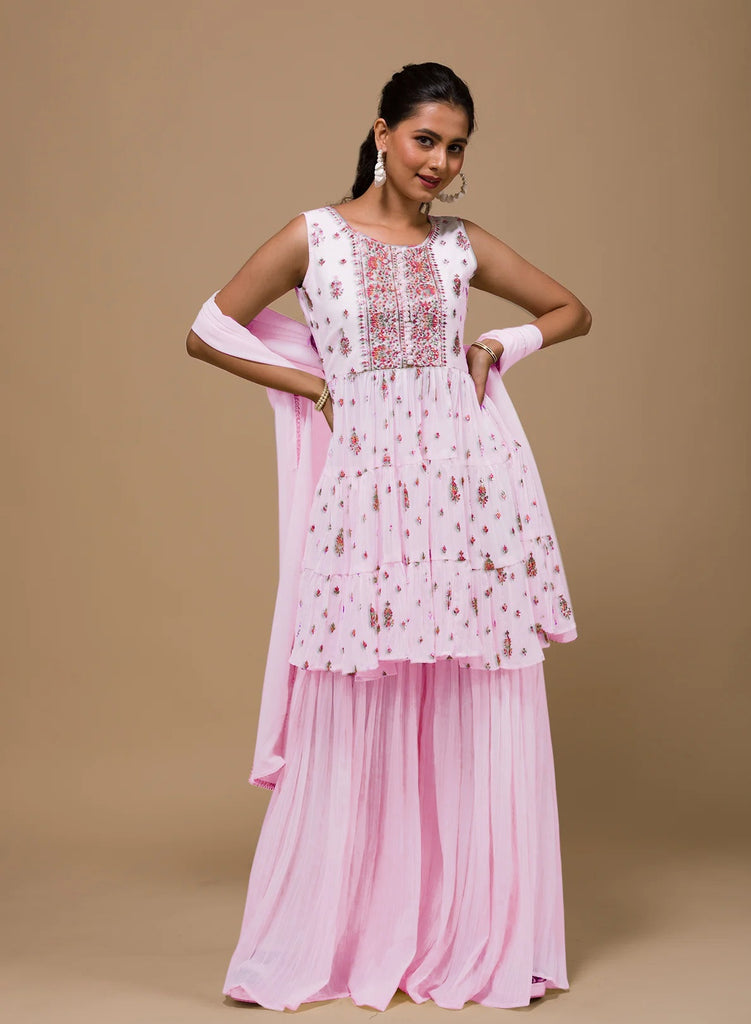 Baby Pink Faux Georgette Embroidered Sharara Suit With Dupatta