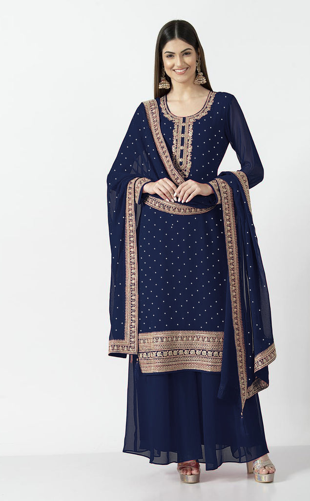 Navy Blue Faux Georgette Embroidered Top Bottom With Dupatta