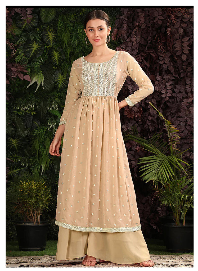 Cream Faux Georgette Embroidered Top Bottom With Dupatta