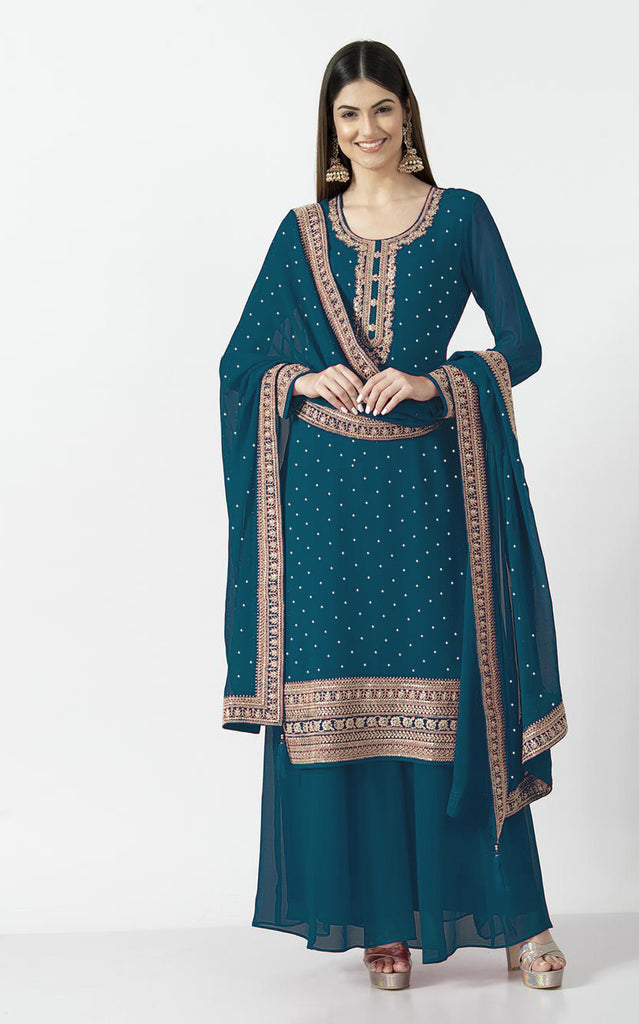 Rama Blue Faux Georgette Embroidered Top Bottom With Dupatta