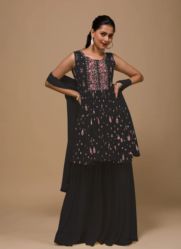 Black Faux Georgette Embroidered Sharara Suit With Dupatta