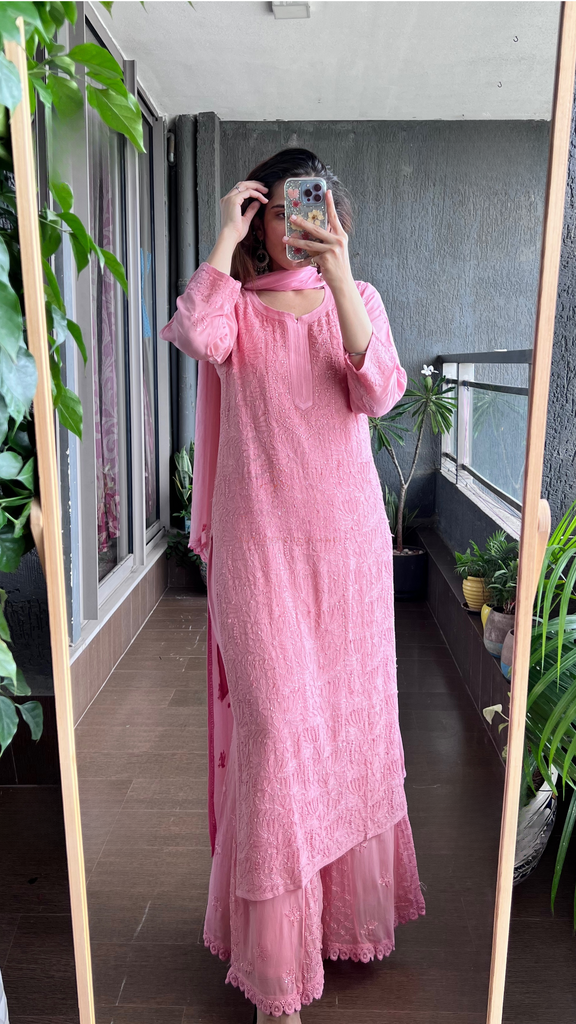 Viscose Georgette Chikankari Kurta With Palazzo And Dupatta