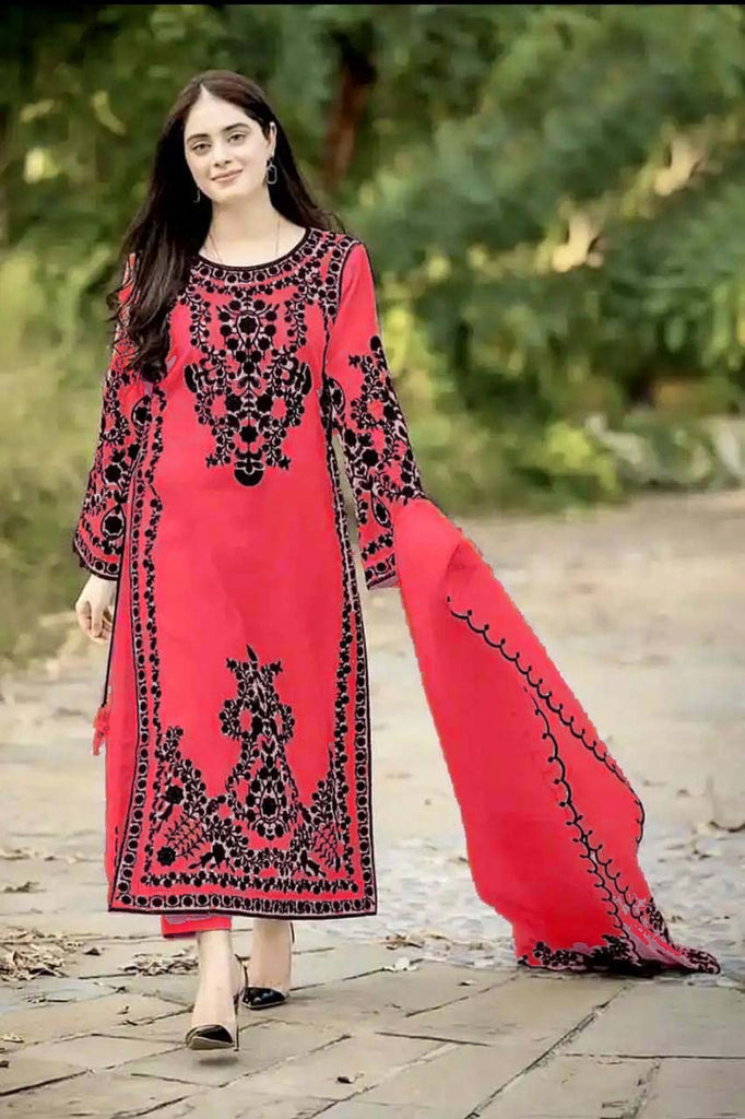 Red Faux Georgette Embroidery Work Salwar Suit with Dupatta Set