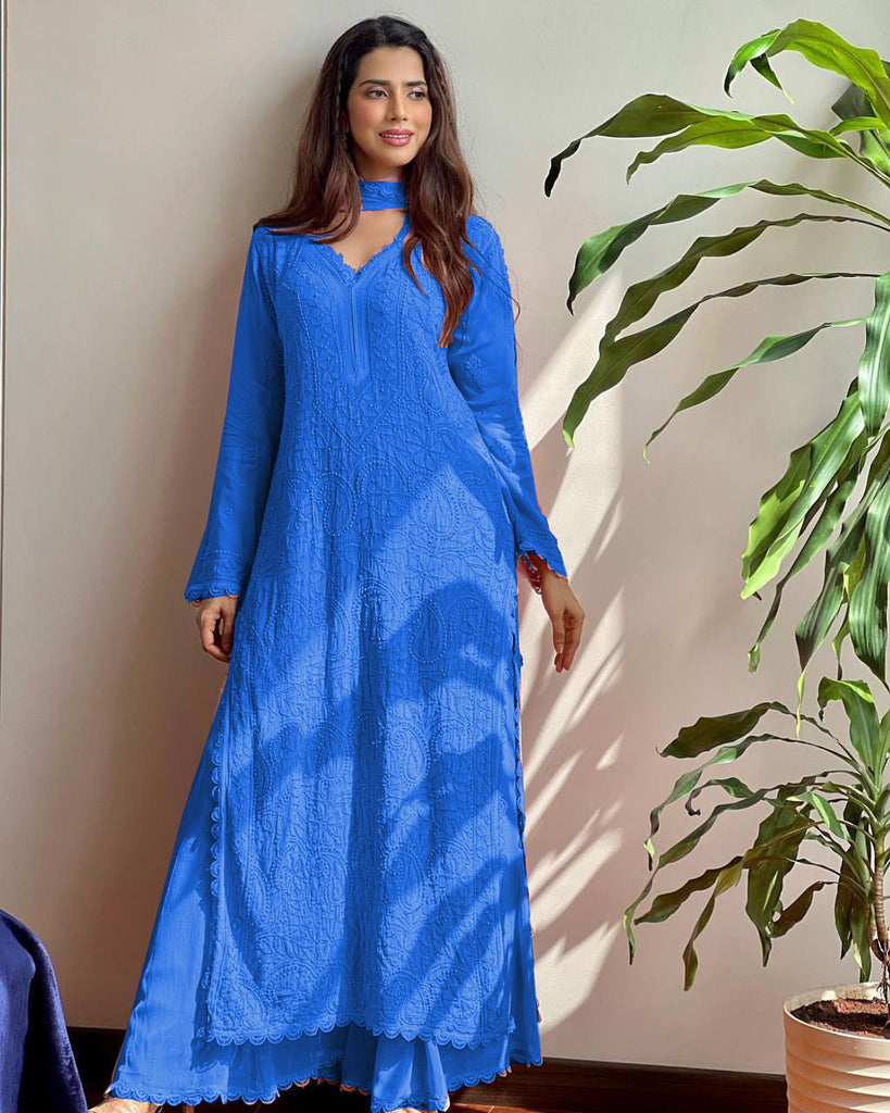 Blue Viscose Georgette Silk Chikankari Kurta With Palazzo And Dupatta Set