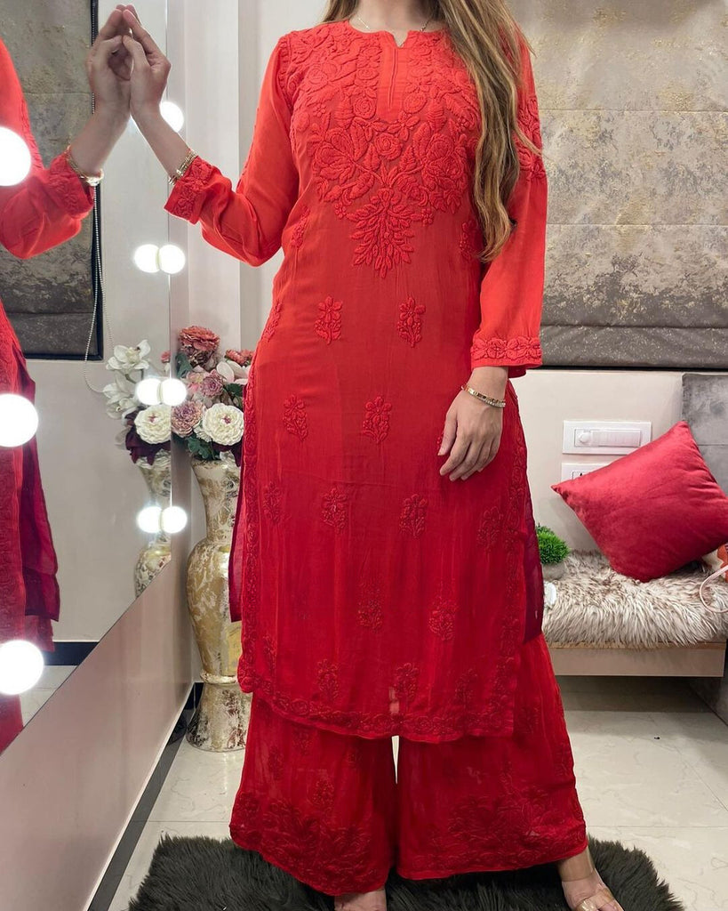 Viscose Georgette Chikankari Kurta With Palazzo Set