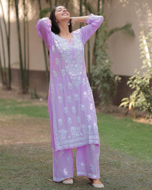 Rayon Cotton Chikankari Kurta With Palazzo