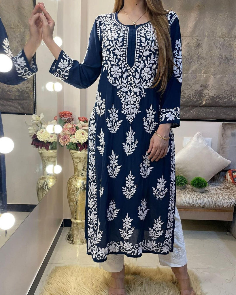 Navy Blue Rayon Cotton Chikankari Embroidery Work Kurti With Pant