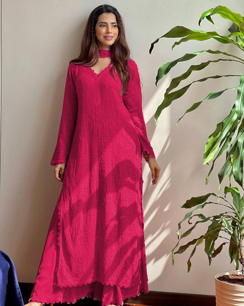 Magenta Pink Viscose Georgette Silk Chikankari Kurta With Palazzo And Dupatta Set