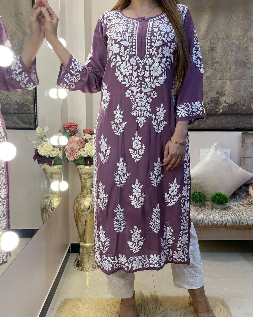 Rayon Cotton Chikankari Kurta With Pant Set