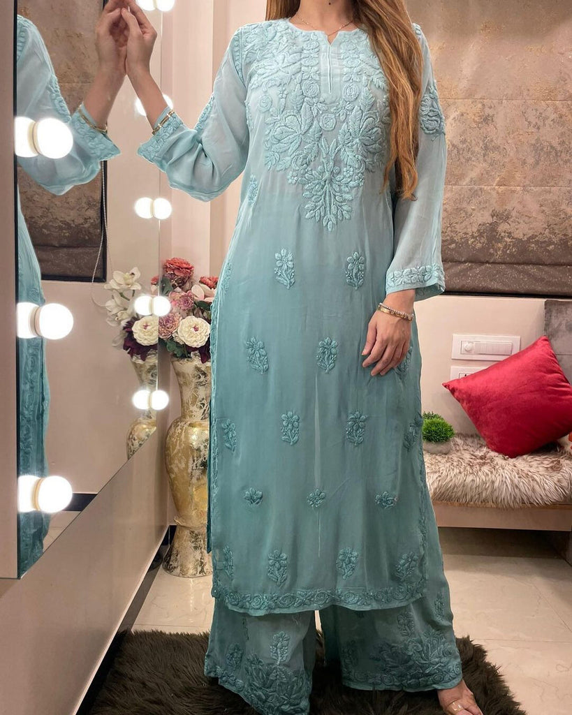 Viscose Georgette Chikankari Kurta With Palazzo Set