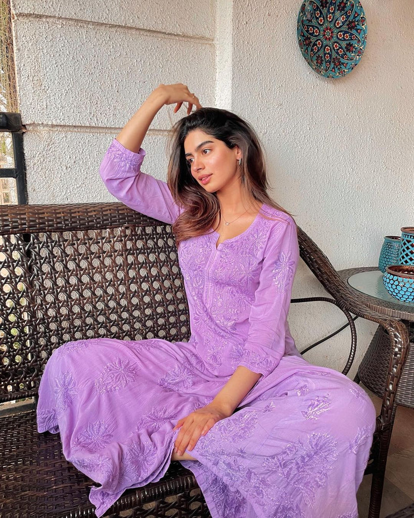 Purple Rayon Cotton Chikankari Kurta With Palazzo Set