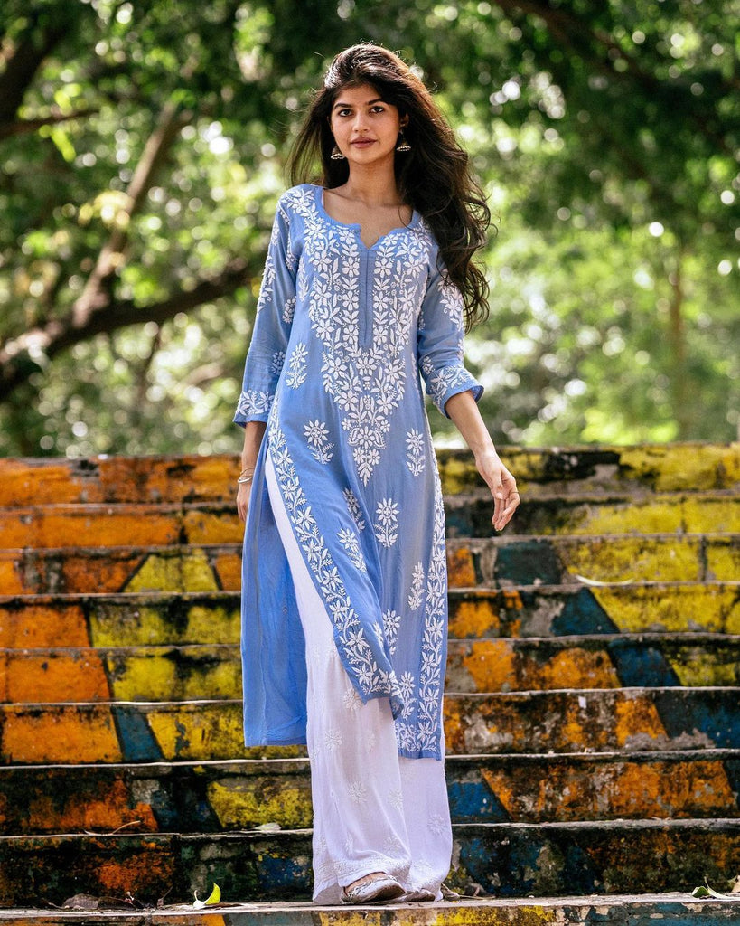 Powder Blue Rayon Cotton Chikankari Kurta With Palazzo Set