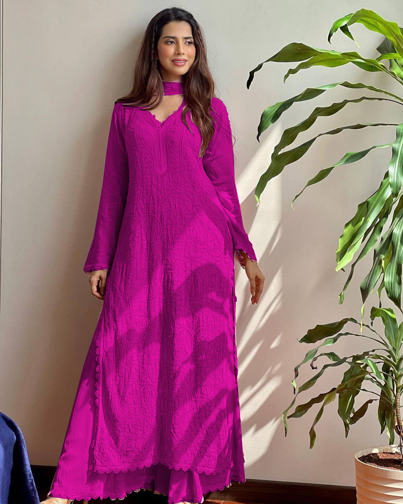 Rani Pink Viscose Georgette Silk Chikankari Kurta With Palazzo And Dupatta Set