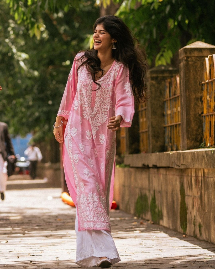 Pink Rayon Cotton Chikankari Kurta With Palazzo Set