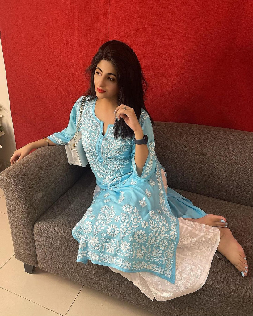 Powder Blue Rayon Cotton Chikankari Kurta With Palazzo Set