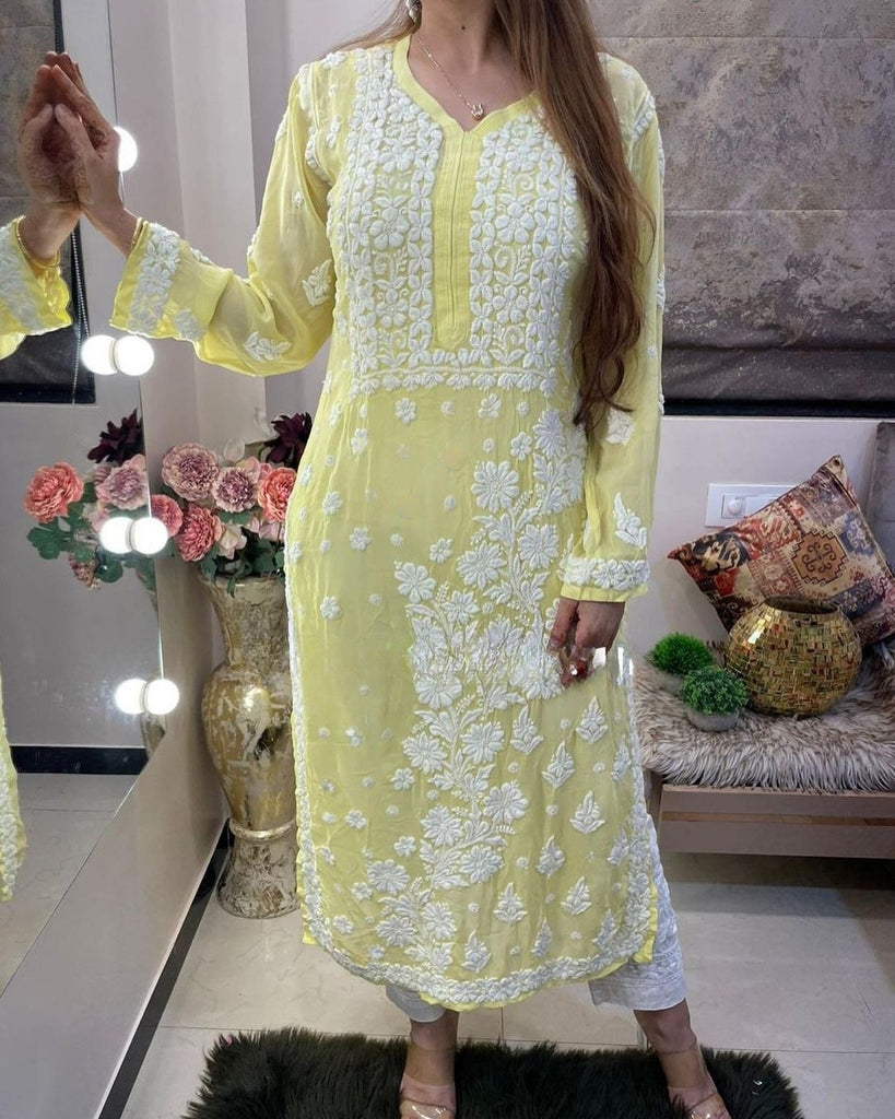 Yellow Viscose Georgette Chikankari Kurta With Pant