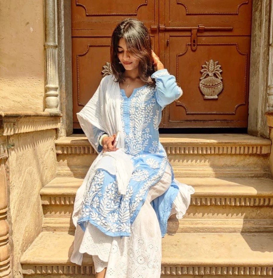 Powder Blue Rayon Cotton Chikankari Kurta Palazzo With Dupatta Set