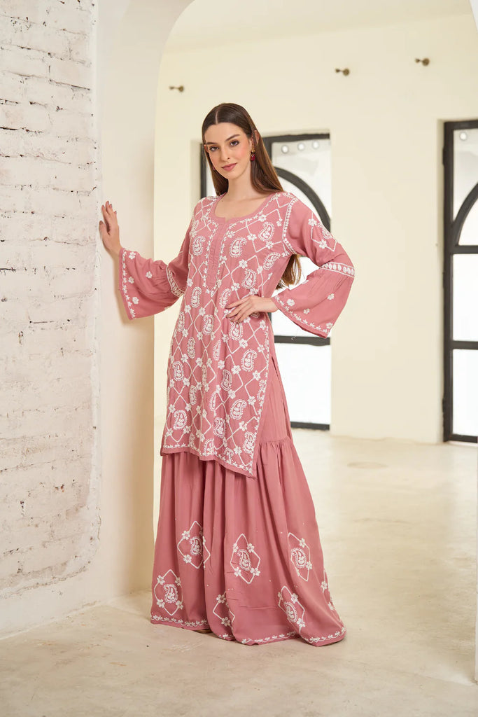 Rose Pink Rayon Cotton Chikankari Sarara Set