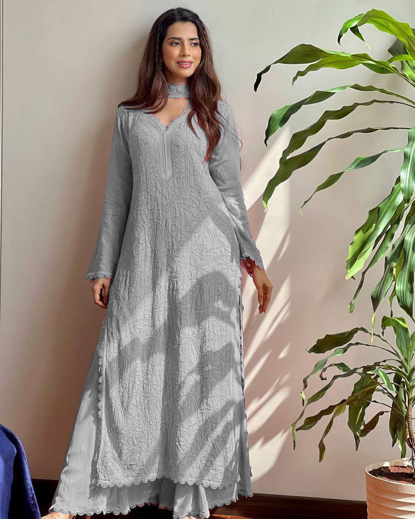 Gray Viscose Georgette Silk Chikankari Kurta With Palazzo And Dupatta Set