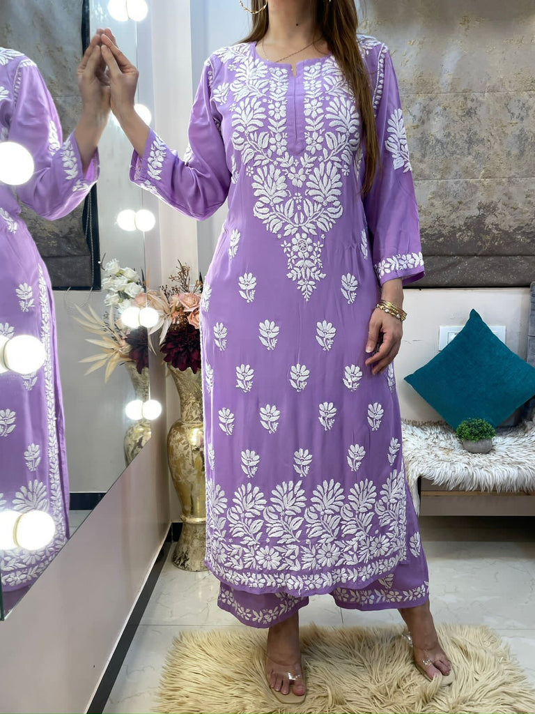 Rayon Cotton Chikankari Kurta Palazzo Set