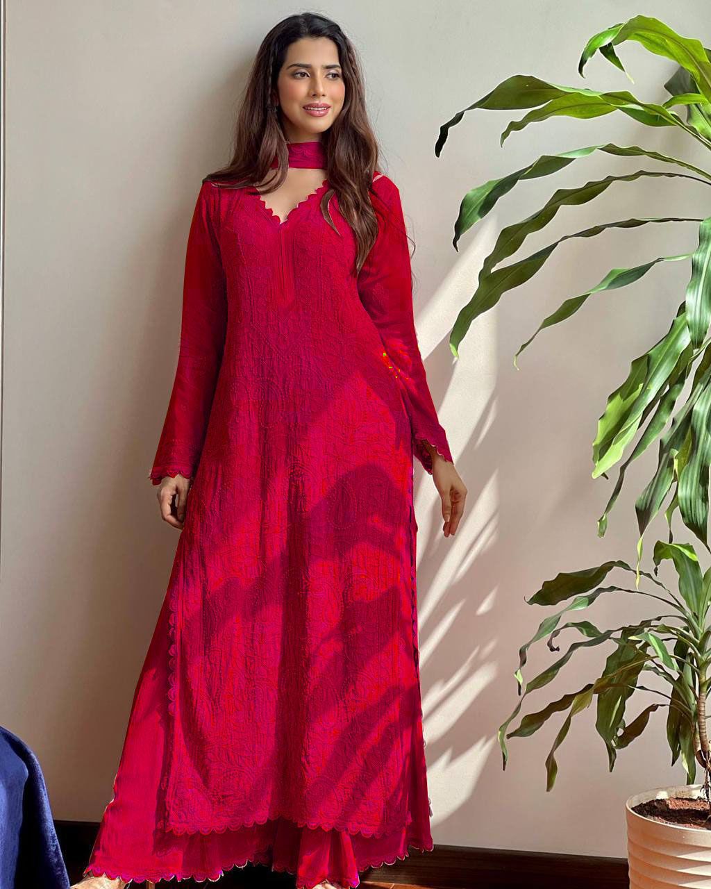 Pink Strappy Viscose Georgette Chikankari Kurta Palazzo Dupatta Set main image 1