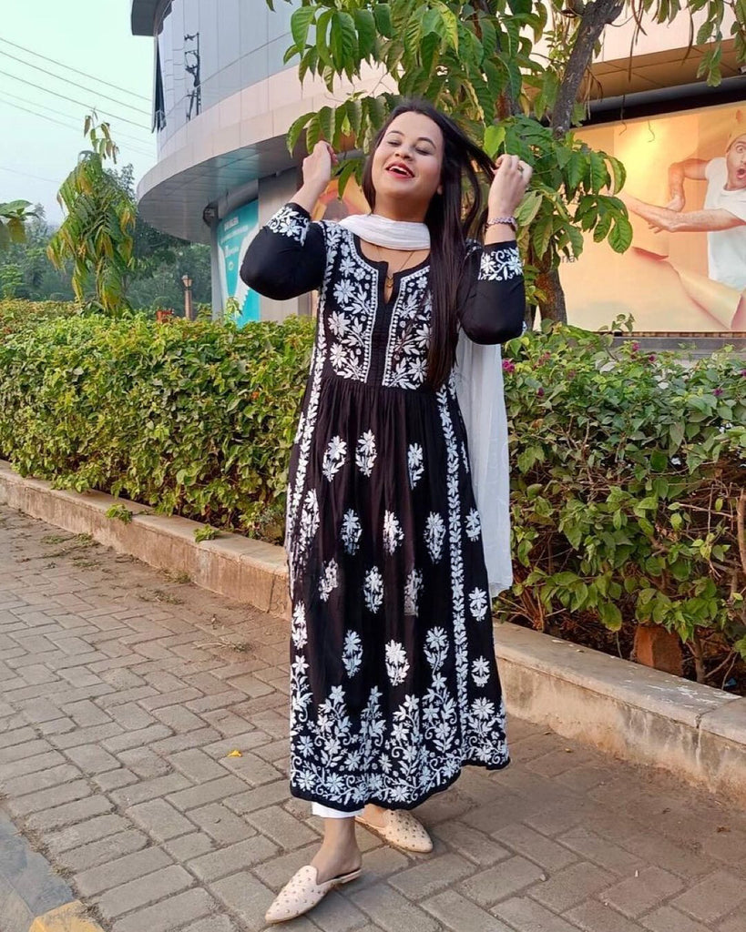 Black Rayon Cotton Chikankari Gown With Pant And Dupatta Set SurtiSilk Black Rayon Cotton Chikankari Gown With Pant And Dupatta Set SurtiSilk