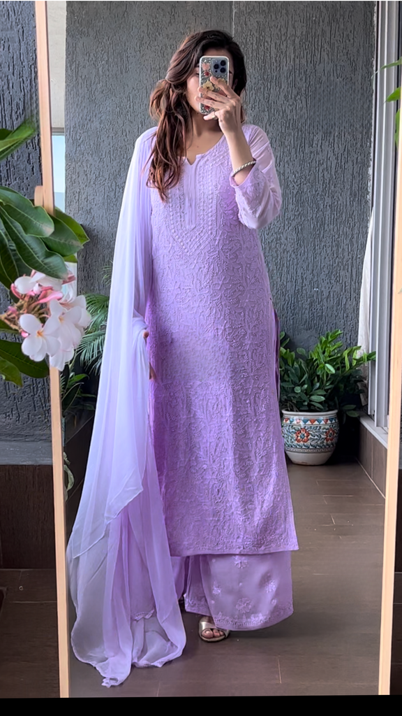 Purple Viscose Georgette Chikankari Kurta With Palazzo And Dupatta