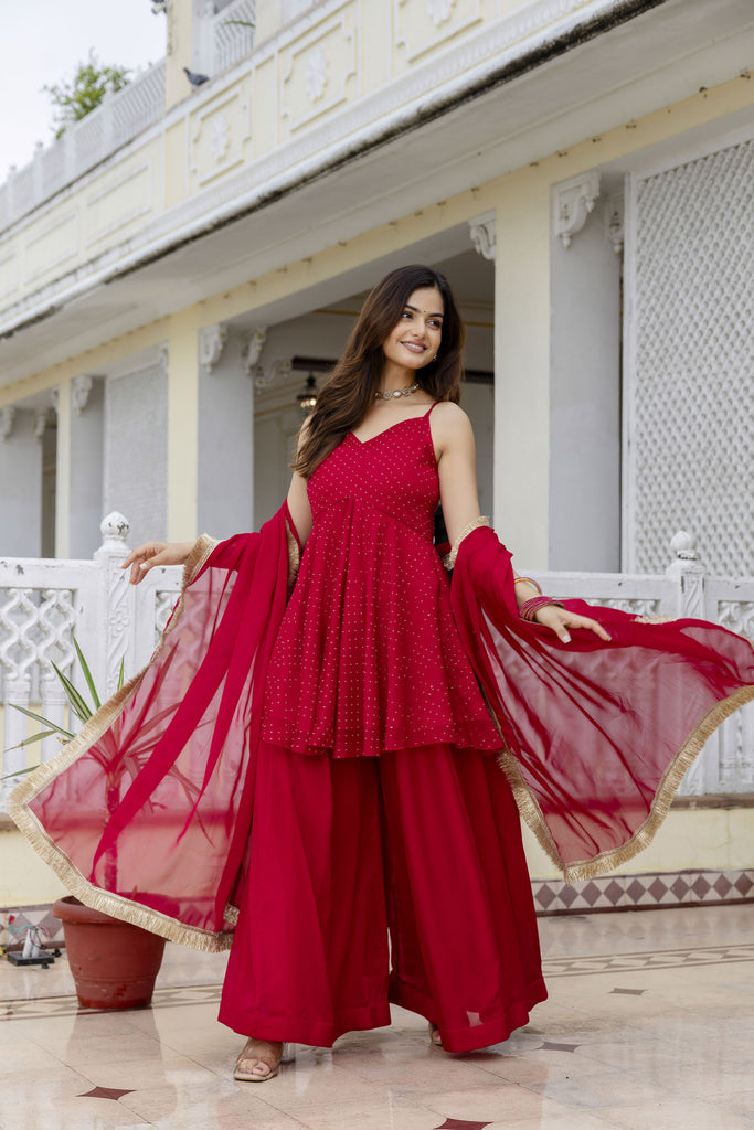 Hot Pink Tissue Siroski Work Strappy Sharara Suit