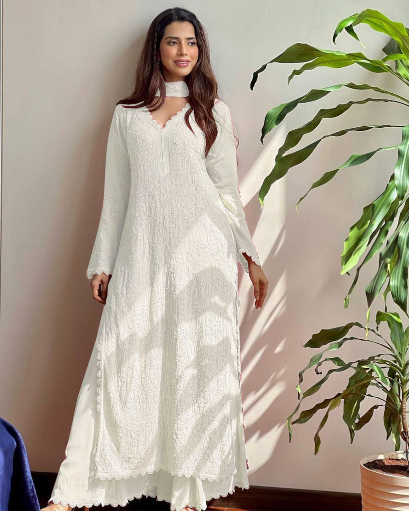 White Viscose Georgette Silk Chikankari Kurta With Palazzo And Dupatta Set