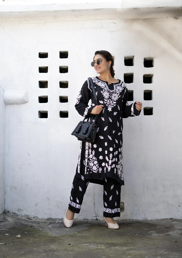 Black Rayon Cotton Chikankari Kurta With Pant