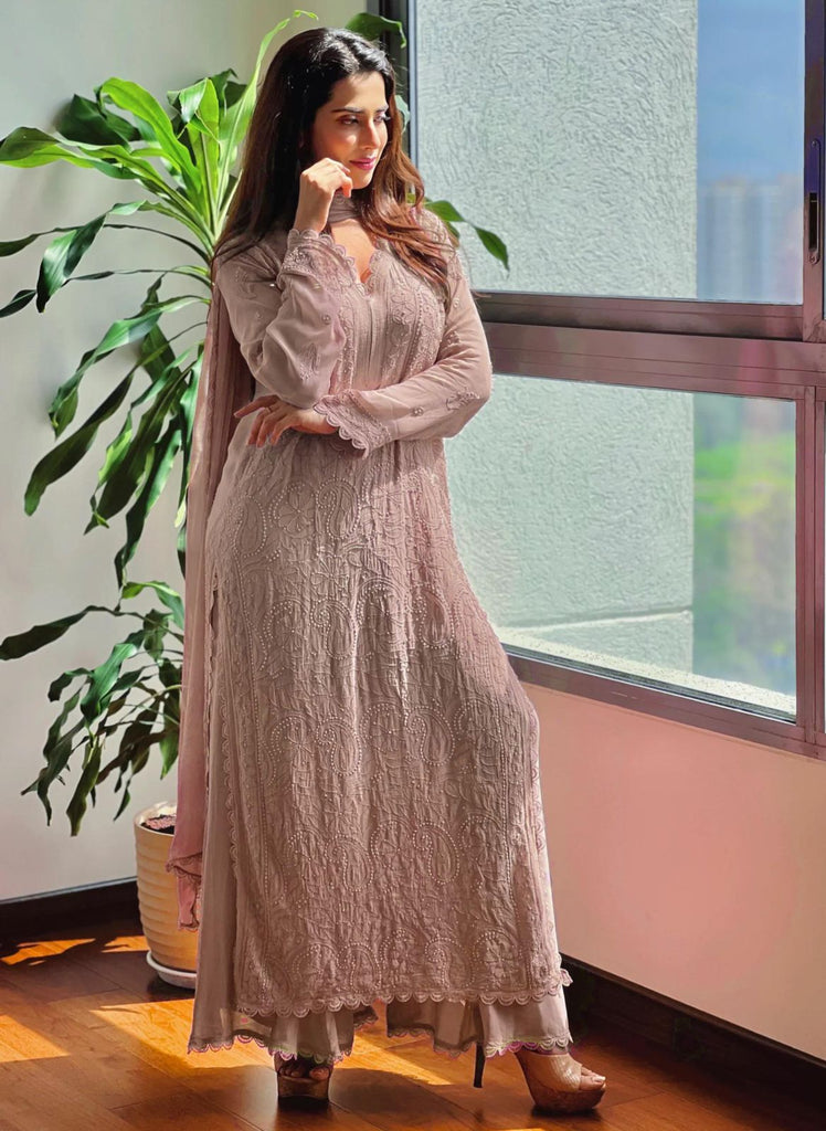 Viscose Georgette Chikankari Kurta With Palazzo And Dupatta