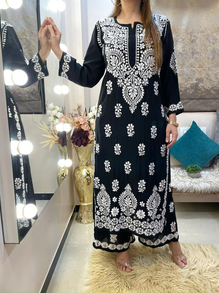 Rayon Cotton Chikankari Kurta Palazzo Set