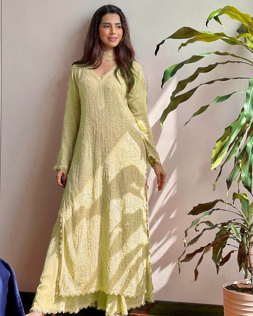 Viscose Georgette Chikankari Kurta With Palazzo And Dupatta