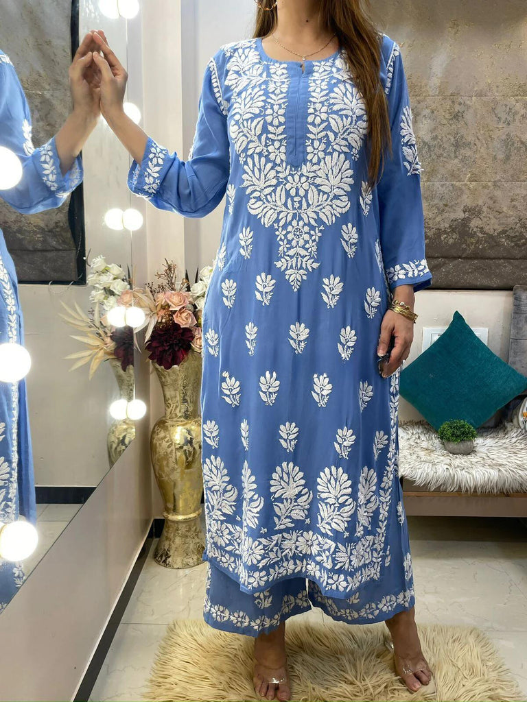 Rayon Cotton Chikankari Kurta Palazzo Set