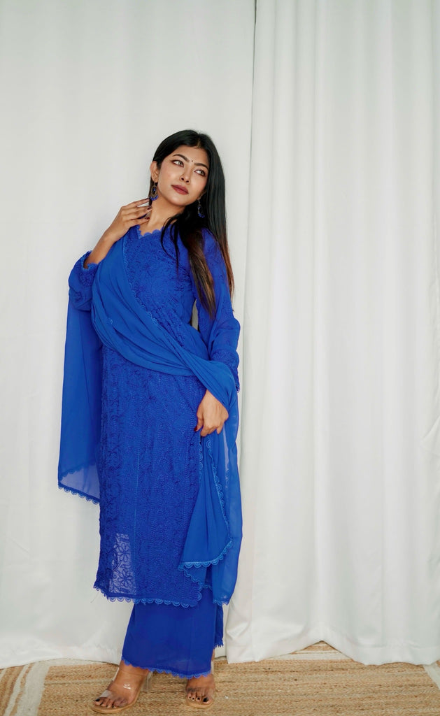Peach Viscose Georgette Chikankari Kurta With Palazzo And Dupatta