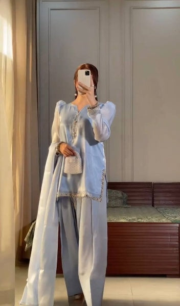Baby Blue Jimmy Choo Embroidery Work Farshi Plazzo Suit