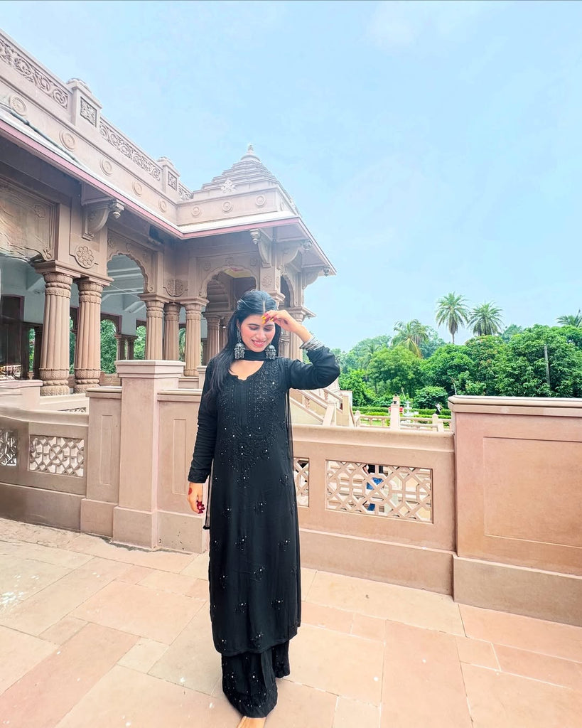 Rayon Cotton Chikankari Kurta with Palazzo & Chiffon Dupatta