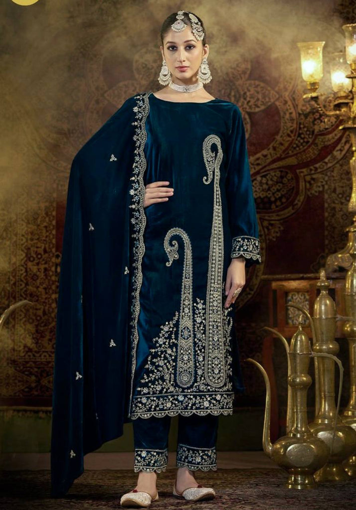 Blue Viscose Velvet Sequence Embroidery Work Salwar Suit