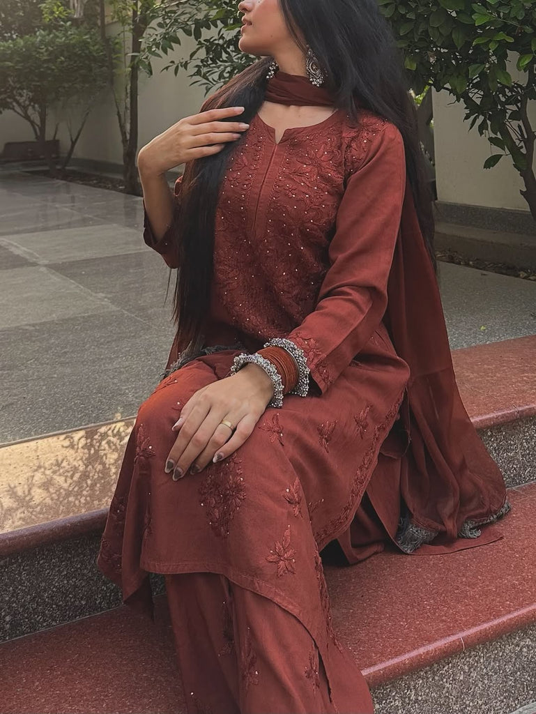 Rayon Cotton Chikankari Kurta with Palazzo & Chiffon Dupatta