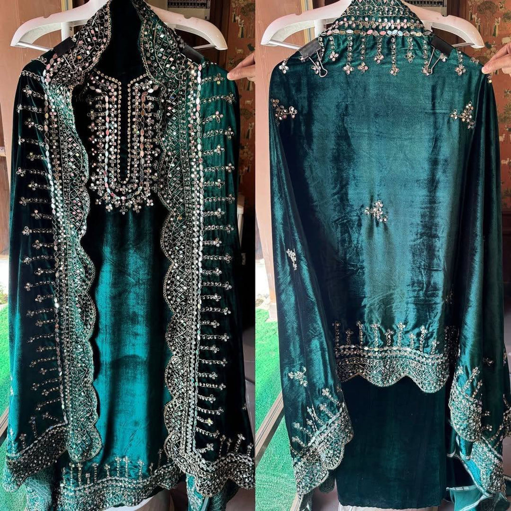 Dark Green Viscose Velvet Sequence Work Salwar Suit