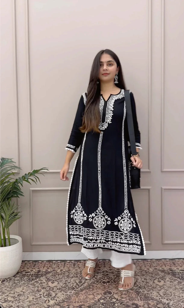 Black Rayon Cotton Chikankari Kurta With Pant Set