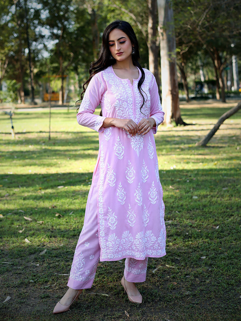 Rayon Cotton Chikankari Kurta With Pant Set