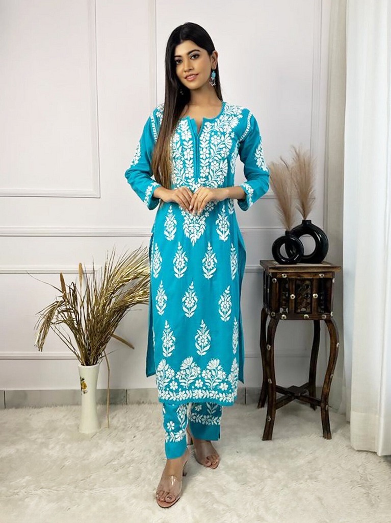 Rayon Cotton Chikankari Kurta With Pant Set